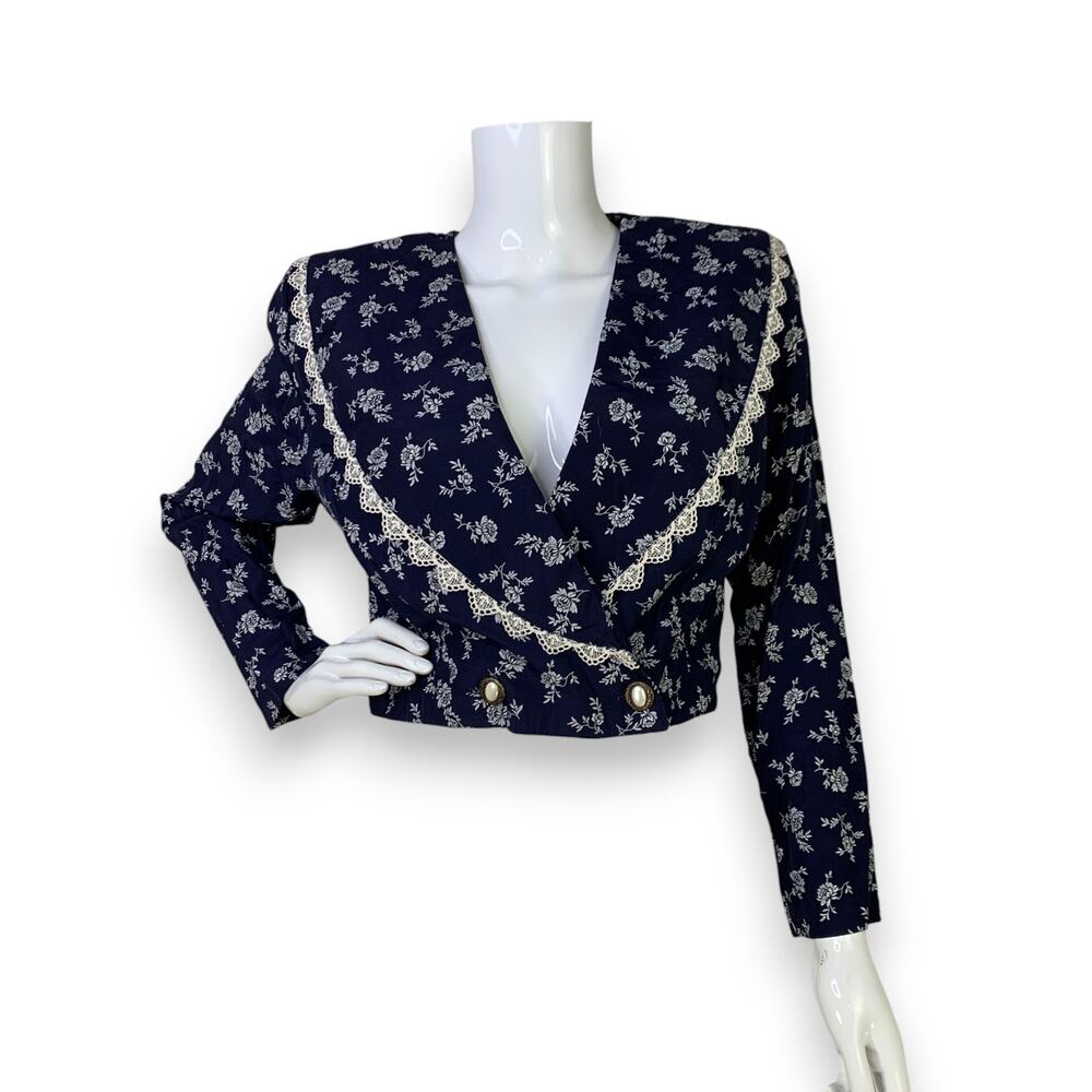 By Choice Womens Cropped Jacket Size S (7) Navy Floral Cottage Core Vintage 90s